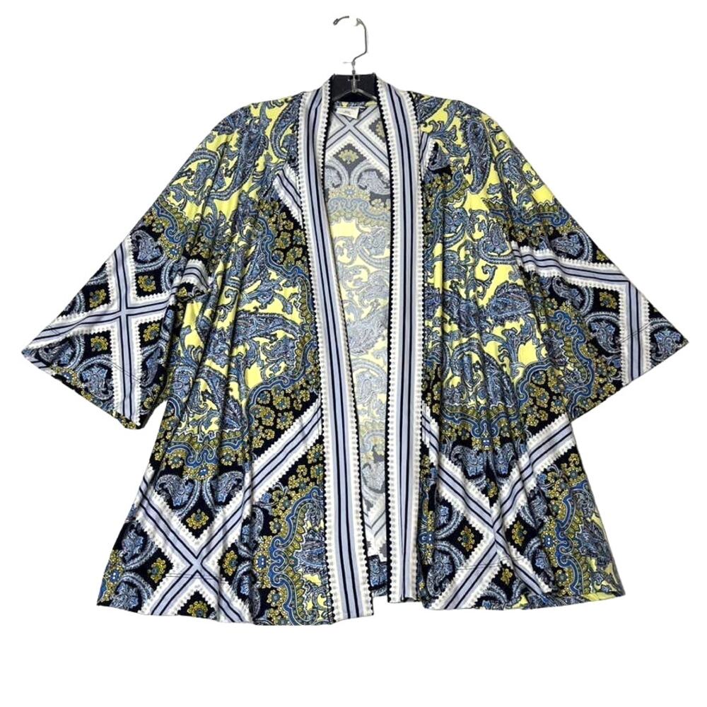 Soma 3/4 Sleeve Paisley Open Front Cardigan Blue Yellow Womens Small Medium